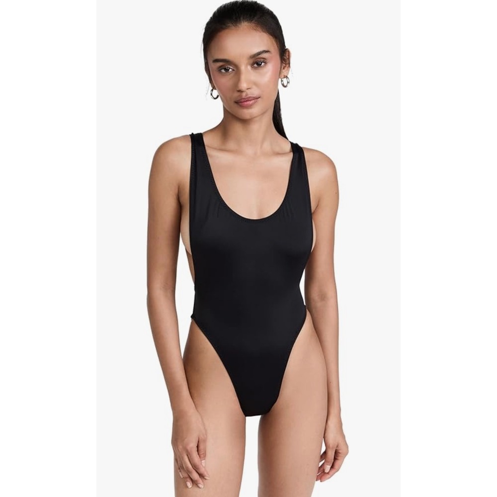 Norma Kamali Marissa One Piece Swimsuit Black High Cut Low Back Size L